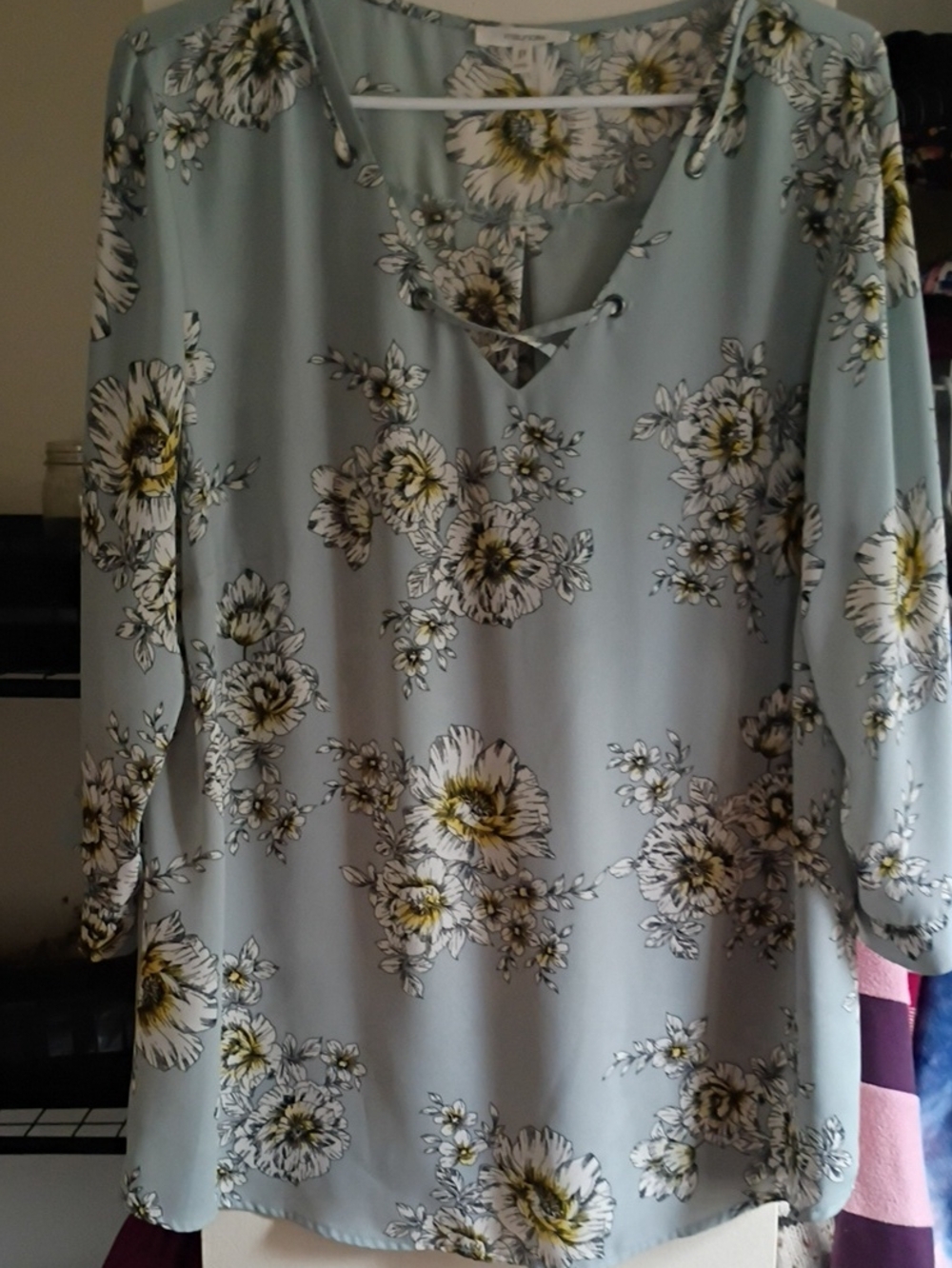 Maurices Light Blue Floral Lace-Up V-Neck Tunic